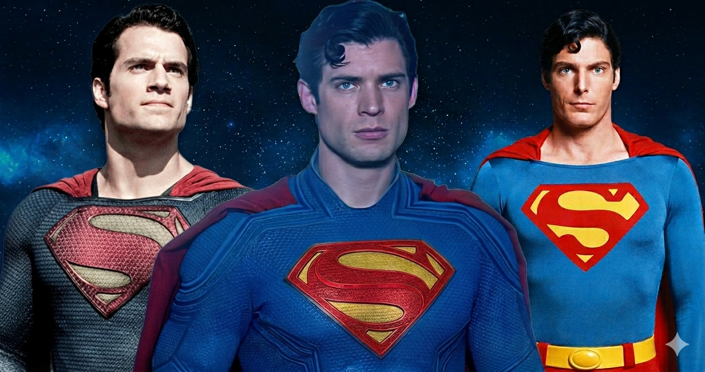 Reeves, Cavill and Corenswet, a Superman Movie Ranking collage
