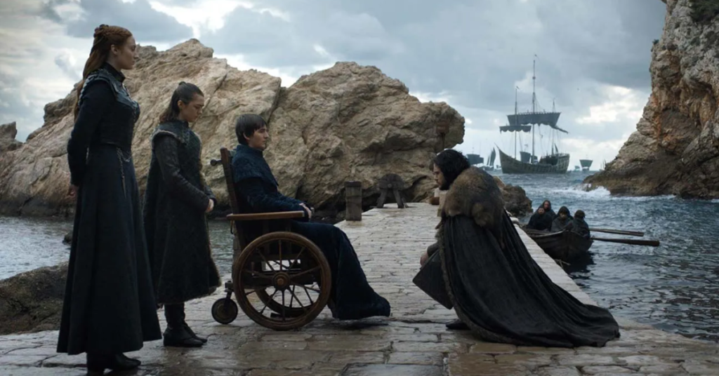 Sophie Turner as Sansa Stark, Maisie Williams as Arya Stark,
Isaac Hempstead Wright as Bran Stark and Kit Harington as Jon Snow in the Game of Thrones (2019) Finale