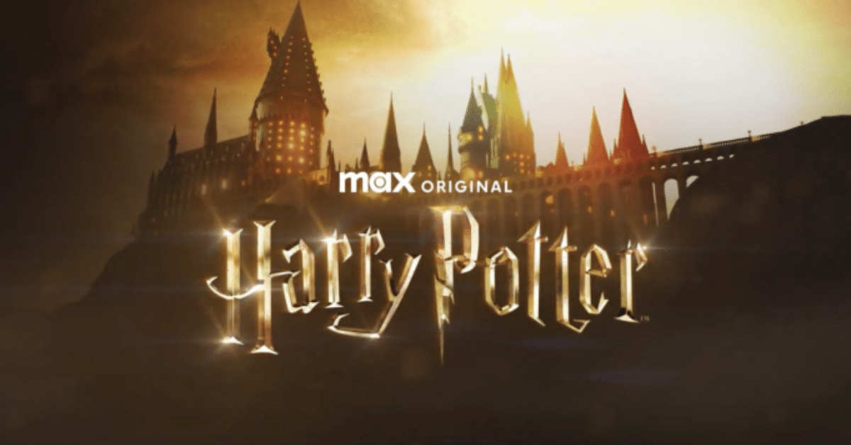 Official HBO Harry Potter TV series title card with Hogwarts castle silhouette.