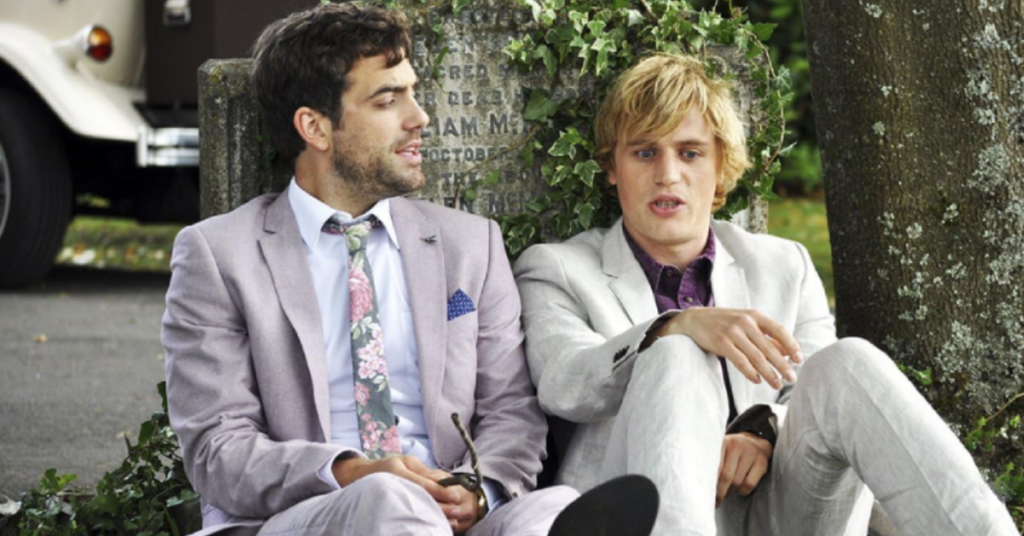 Johnny Flynn and Daniel Ings wearing suits in Lovesick (2014)