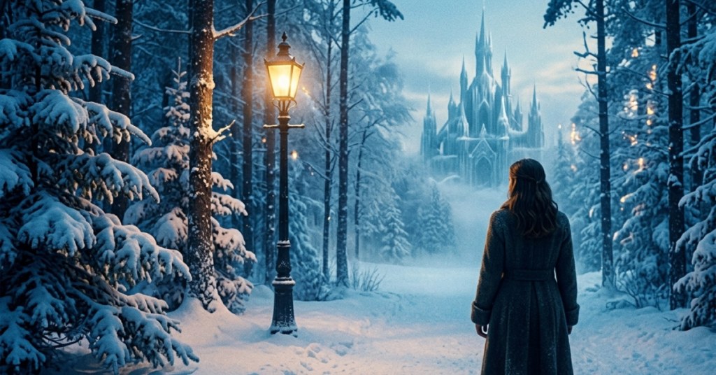 Flicks n Pop concept art for Narnia 2026, showing a magical winter landscape and the White Witch's castle in the distance.