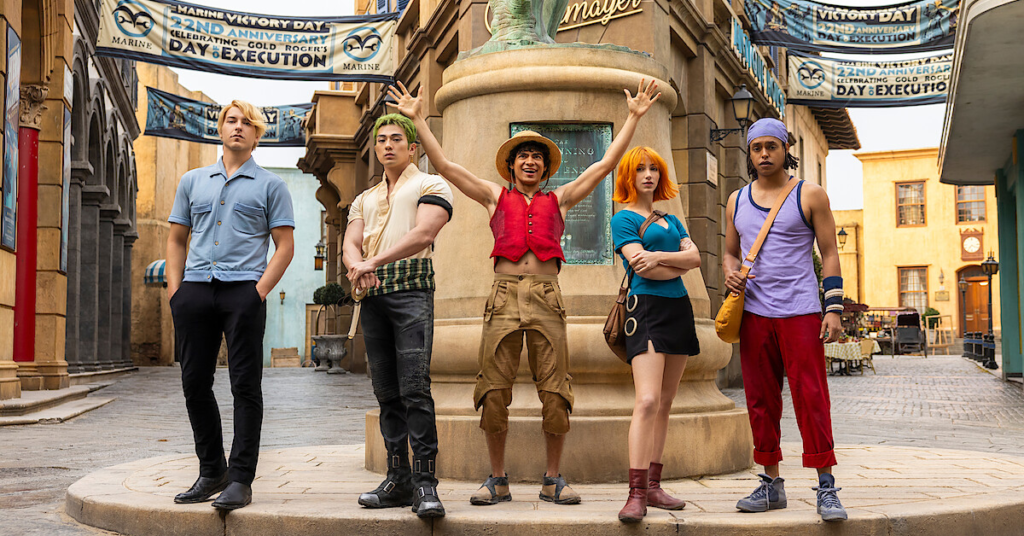 Mackenyu, Emily Rudd, Jacob Romero, Taz Skylar, and Iñaki Godoy in One Piece Season 2 (2026). Netflix Shows.