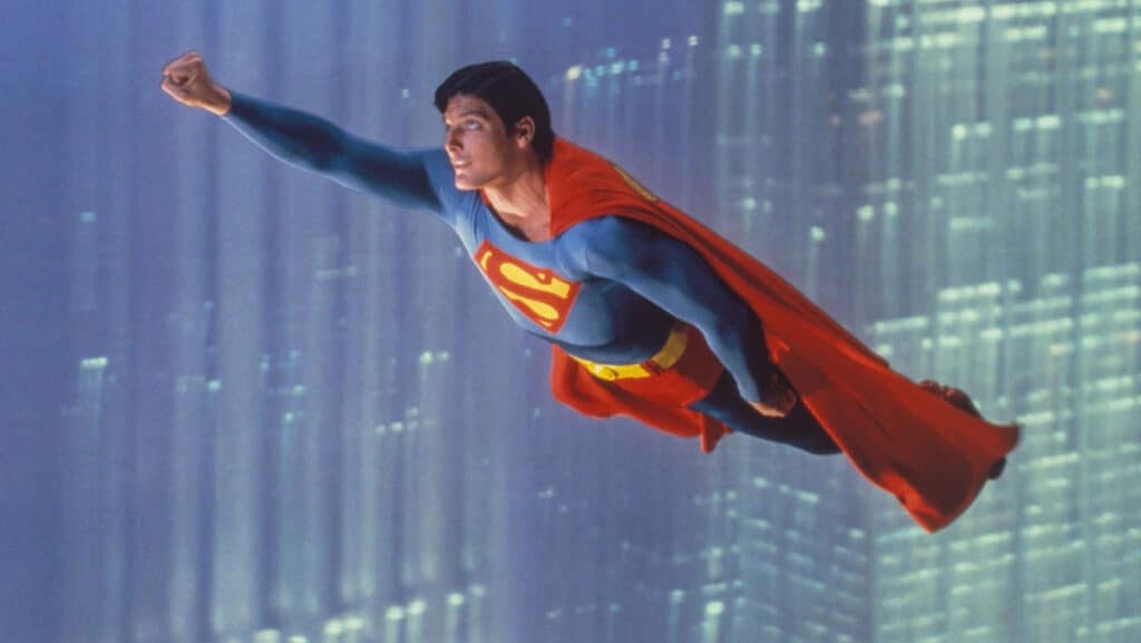 Christopher Reeve as Superman flying over Metropolis in Superman: The Movie (1978)