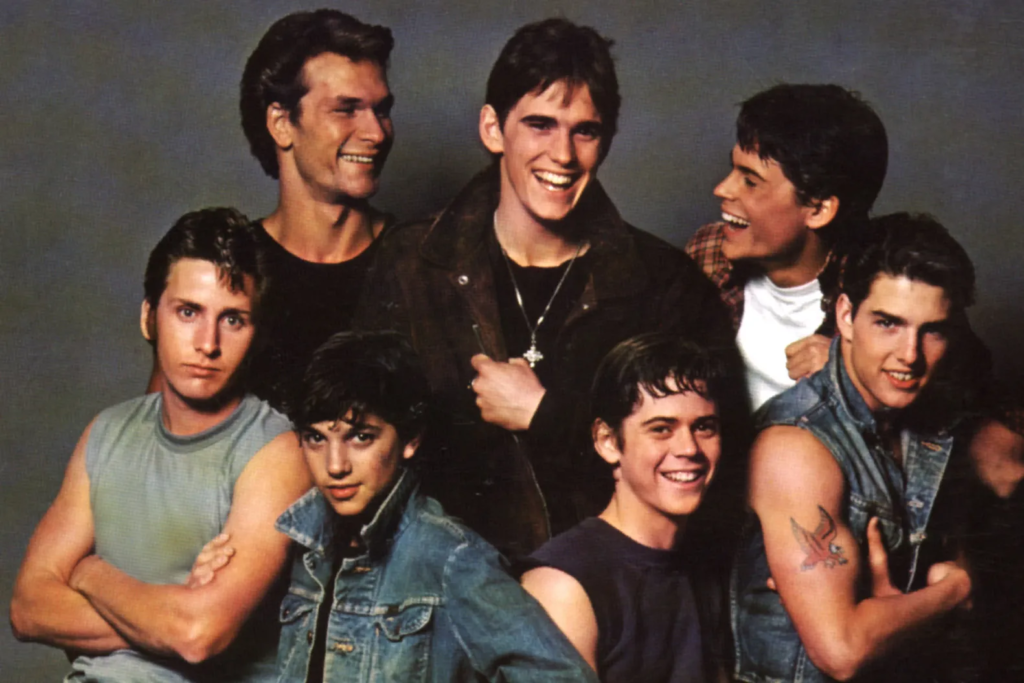 Emilio Estevez, Patrick Swayze, Matt Dillon, Rob Lowe, Ralph Macchio, C. Thomas Howell and Tom Cruise in Francis Ford Coppolla's The Outsiders (1983)