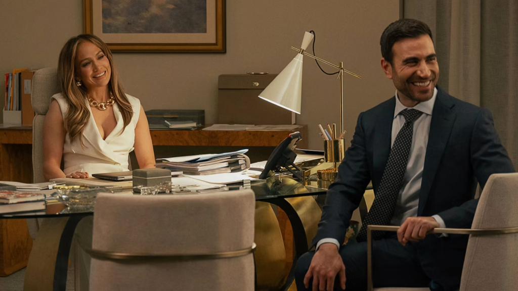 Jennifer Lopez and Brett Goldstein in Netflix's Office Romance (2026).