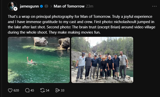 James Gunn announced Man of Tomorrow wrap and a picture of Nicholas Hoult jumping into a lake.