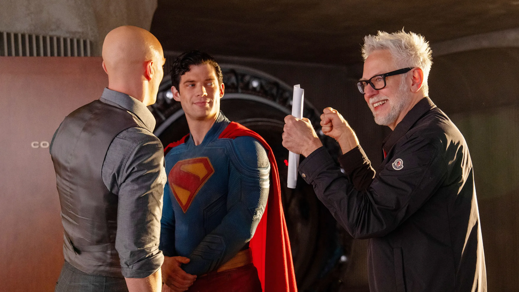 Nicholas Hoult, David Corenswet and James Gunn on the set of Superman (2025).