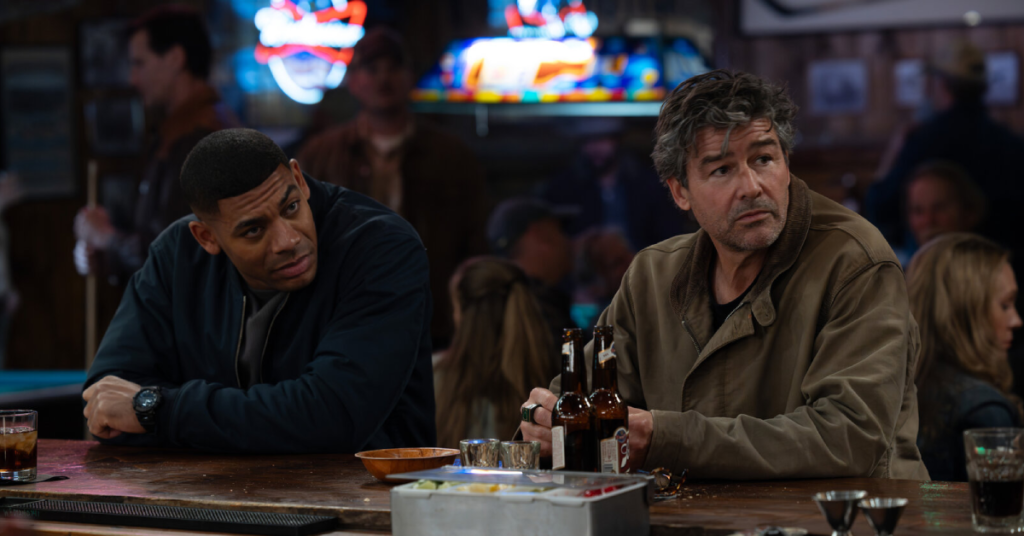 Aaron Pierce and Kyle Chandler in HBO's Lanterns (2026).