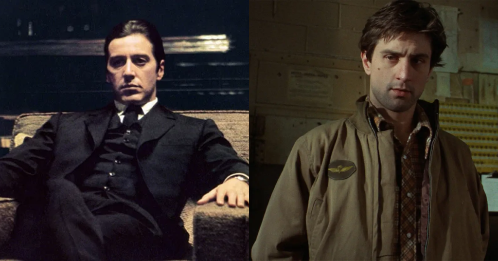 Al Pacino in The Godfather (1974) and Robert De Niro in Taxi Driver (1976).