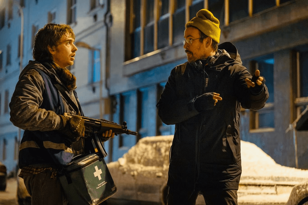 Austin Abrams and Zach Cregger on Resident Evil's Set.