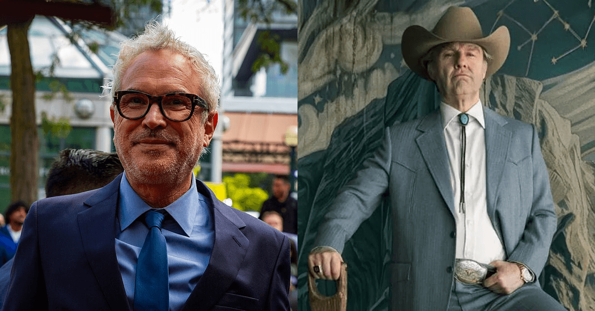 Side by side comparison of director Alfonso Cuaron in a suit and Tom Cruise in a cowboy hat in the movie Digger.