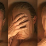 A 3-panel body-horror transformation sequence showing Tom Rhys Harries as Matt Hagen melting his face in DC Studios Clayface, highlighting Clayface first reactions.