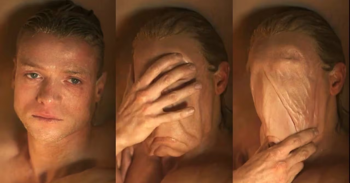 A 3-panel body-horror transformation sequence showing Tom Rhys Harries as Matt Hagen melting his face in DC Studios Clayface, highlighting Clayface first reactions.