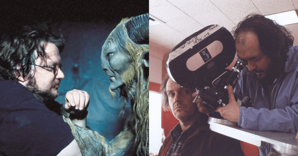 Guillermo del Toro behind the scenes directing Pan's Labyrinth and Stanley Kubrick behind a camera with Jack Nicholson on set of The Shining.